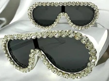 Oversized Exaggerated Retro Shield Bling SUNGLASSES Big White Frame & Rhinestone