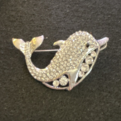 Silver Rhinestone Dolphin Brooch Pin Animal Sea Life Cluster Setting 2in