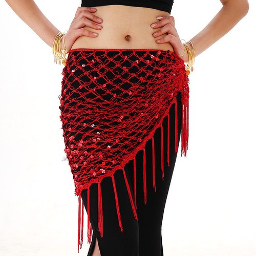 Belly Dance Hip Scarf Skirt Triangle Shawl Sequins Hollow Out Fish Net Dancewear - Picture 5 of 22
