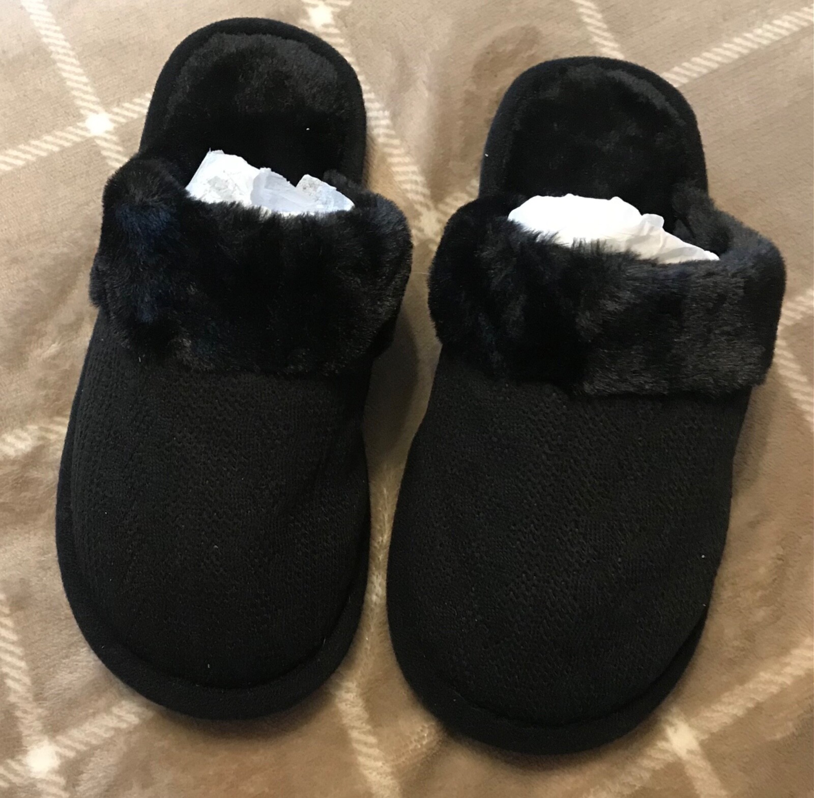 SAOLA Pantofole slip on nere pelliccia sintetica suola cuscino design maglia davanti taglia uk 8 Eur 41