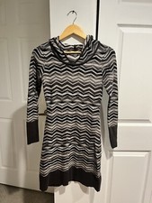 Prana Sweater Dress Breathe Women XS Gray Black Chevron Stripe Hooded LongSleeve