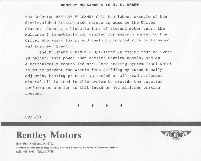 1988 Bentley Mulsanne S Press Photo and Release 0004 - Image 2 of 2