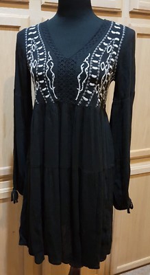 True Craft Black Embroidered Tie-Neck Babydoll Dress, S - $48
