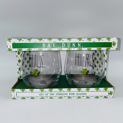 Rae Dunn Stemless Wine Glasses St. Patrick’s Day His/Hers with Shamrock ...