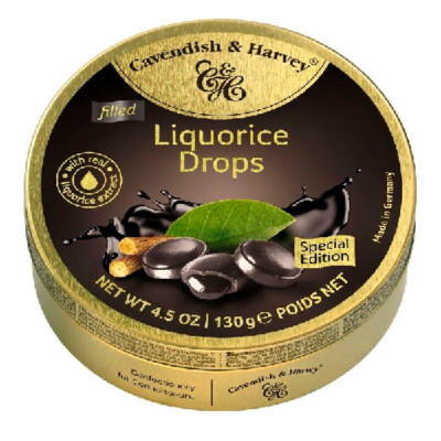 915704 1 X 130G CAVENDISH & HARVEY LIQUORICE FILLED DROPS HARD BOILED SWEETS