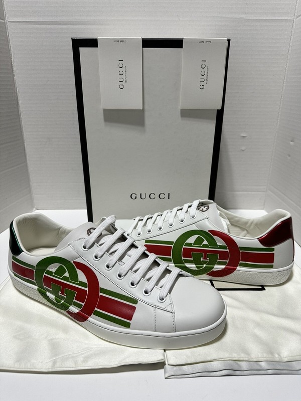 New GUCCI UK 9 Men US 9.5 White Red Green GG Logo Low Top Lace Up Sneakers Shoes