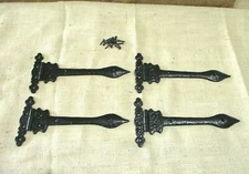 4 CAST IRON CABINET DOOR HINGES ORNATE 9" T STRAP HARDWARE BLACK LARGE TEE DECOR