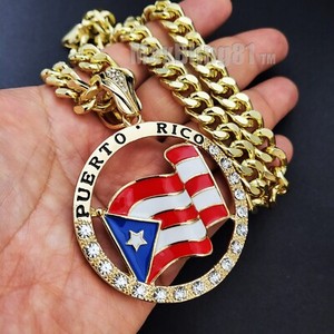 Authentic Gold Plated Cubic Zirconia Puerto Rico Flag & 18" ~ 30" Cuban Chain Necklace
