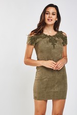 1 x Khaki Crochet Trim Suedette BodyCon Cold Shoulder dress UK10-12 BNwOT