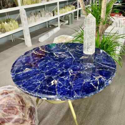 Sodalite Dining Table, Iridescent Gemstone Tabletop, Crystal Stone Furniture art
