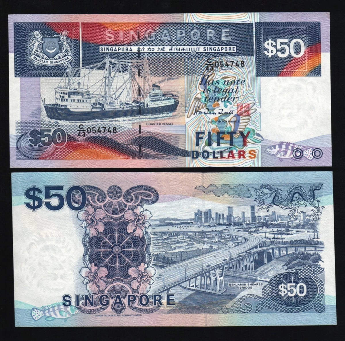 SINGAPORE 50 DOLLARS P-22B 1987 SHIP DUCK BRIDGE UNC MONEY