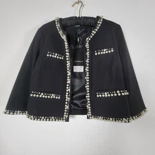 Tesoro Moda Womens Black Pearl Embellished Evening Jacket Medium Lined New $258