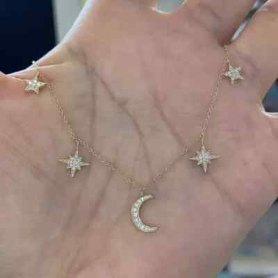 3Ct Lab Created Round Cut Diamond Moon Star Necklace 14k Yellow Gold Plated