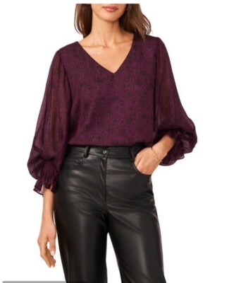 Halogen Metallic Balloon Sleeve Blouse Size XS V Neck Sheer Sleeve NWT Purple