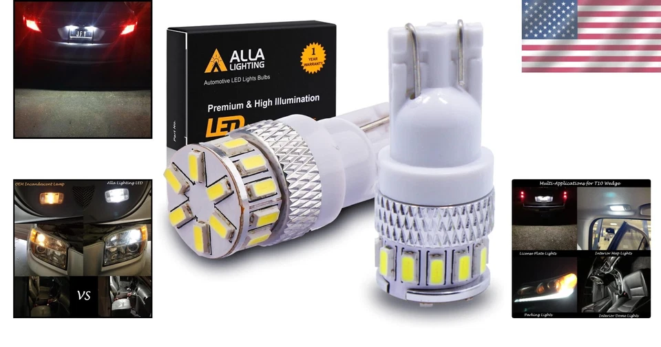 White 6000K LED T10 Wedge Bulbs Compatible with License & Dome Lights (2-Pack) - Image 2 of 4
