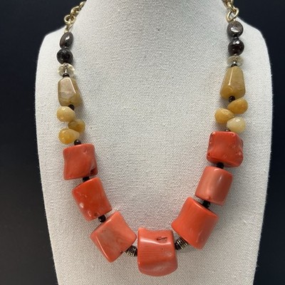 Barse Tierra Beaded Gold Tone Necklace Coral Yellow Jade Citrine Bronzite chunky