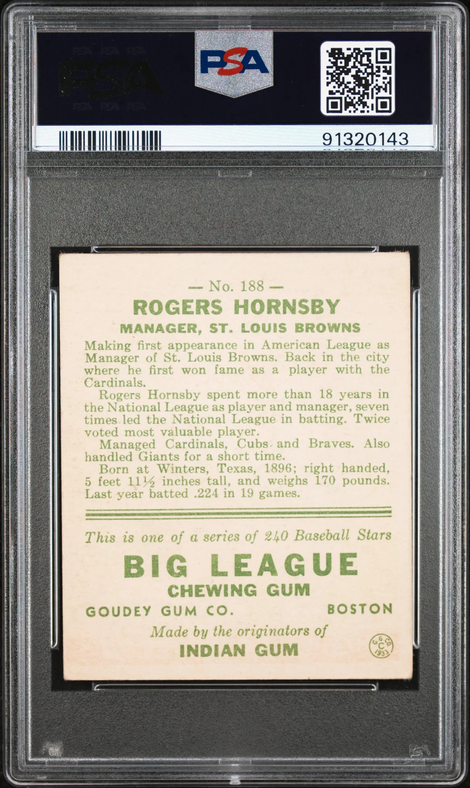 1933 Goudey Rogers Hornsby #188 PSA 3 view 2