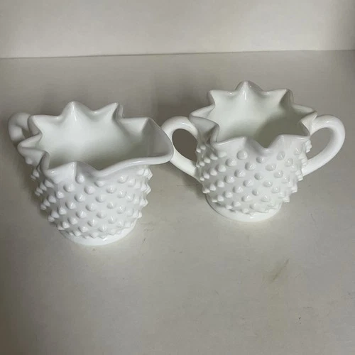 Fenton Hobnail Star Creamer And Sugar Bowl White Milk Glass Vintage 2pc Set