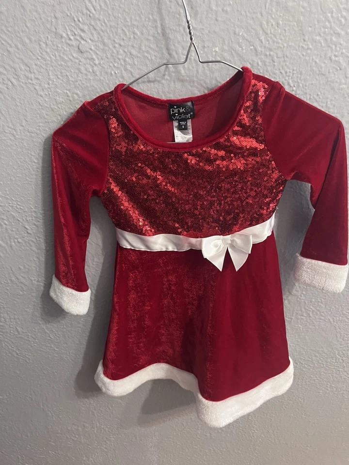 Girls Pink & Violet Dress Red velvet white fur sequin Santa style Size 5 - Image 4 of 4