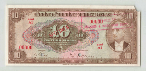 TURCHIA 10 lire 1930 (1948), P-148s SPECIMEN, inchiostro marrone, orig a/UNC, strappo angolare - Foto 1 di 2