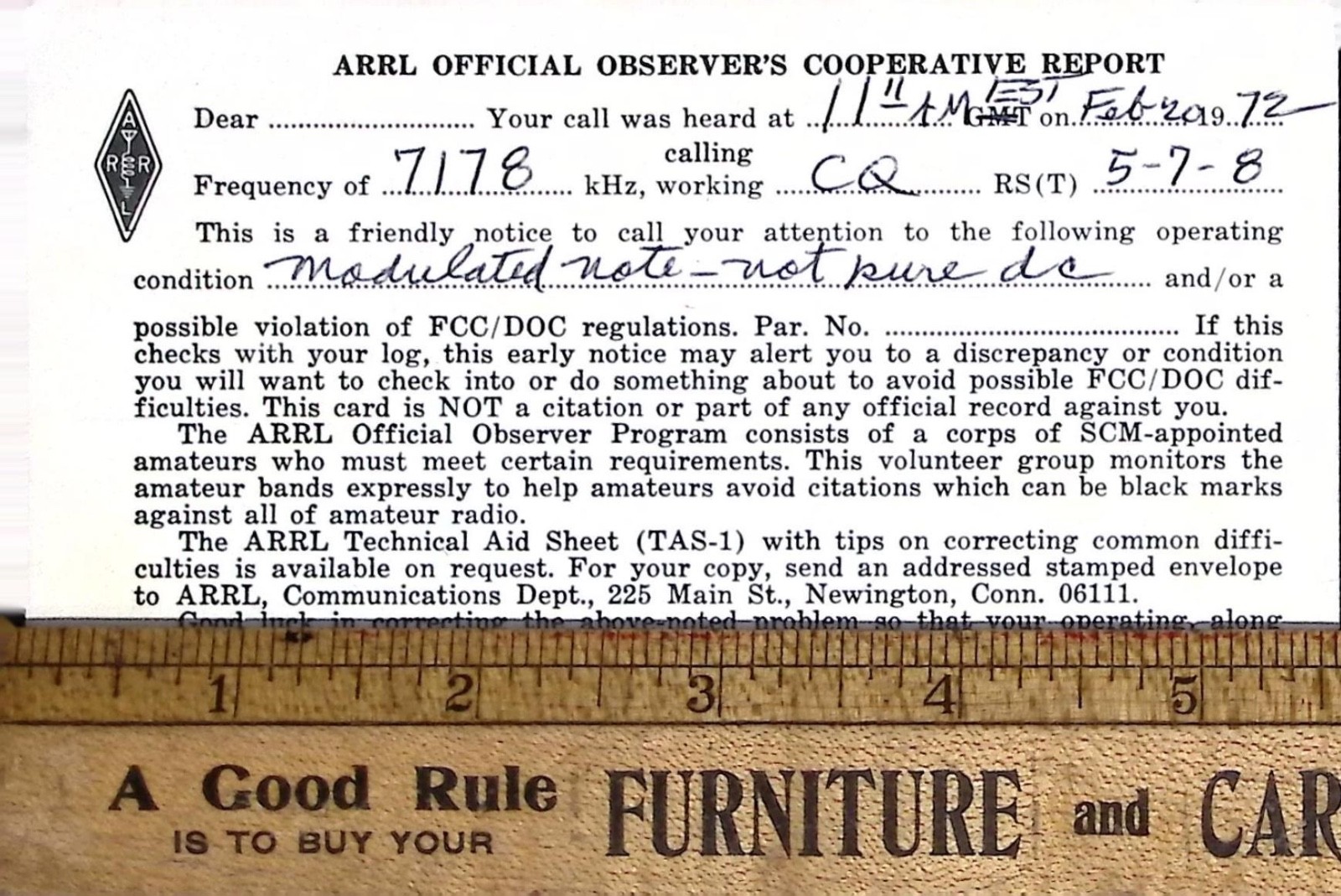 ARRL Official Observer Card 1972 W1AUQ to WN3RQH – Ham Radio Report