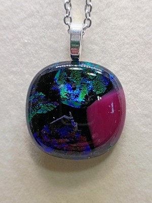 Hand Crafted Dichroic Fused Glass Pendant W/Chain #1153 Blue Violet Purple 