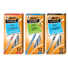 BIC Round Stic Grip Ballpoint Pens 12 Pack Black Blue Red Medium Point Smooth
