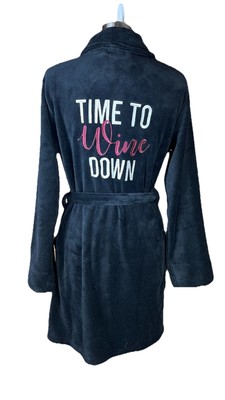 Wine Enthusiast (Sz S/M) Black Bath Robe Embroidered Belt  Time To Wine Down 