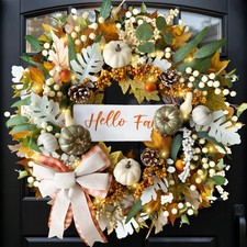 Vivimemo 24'' Fall Wreaths for Front Door with Lights and Timer, Farmhouse