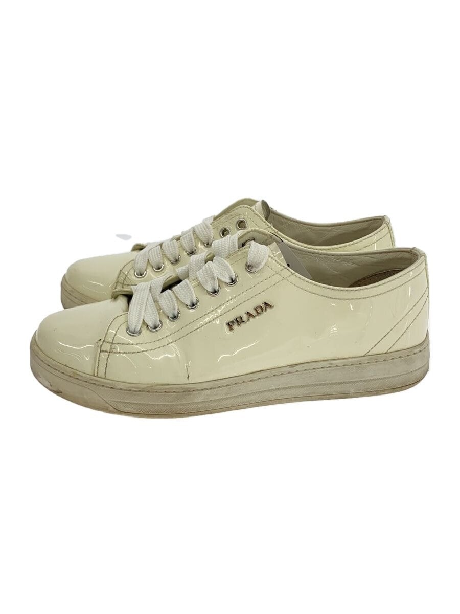 PRADA White Enameled Low Top Sneakers 3E6187 Size 35.5 Cracked Details