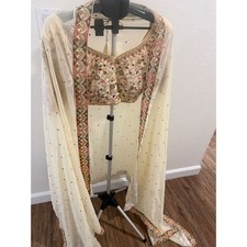 Indian Lehenga Choli Blouse Dupatta Cream Floral Embroidery Gold Wedding Festive