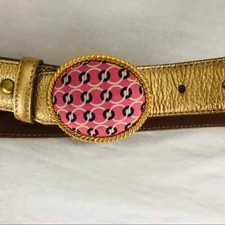 Vineyard Vines Ladies Gold Leather Belt Pink Printed Round Buckle Size Small