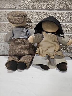 Primitive Amish Doll Set Black Cap, Blue Tops. Soft Bodied Dolls.