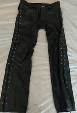 Mens Black Real Leather Trousers with Lace-Up Sides Size 38" waist 