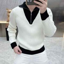 Men White Business Casual Knitted Sweater Half Polo Collar Long Sleeve Pullovers