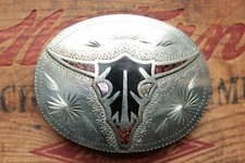 Vtg Johnson Held Hand Made Cowboy Longhorn Bull Skull Western Belt Buckle