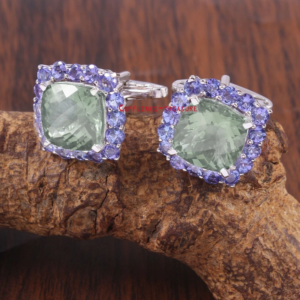 Gemelos de plata de ley 925 con piedras preciosas de amatista y tanzanita verde natural #450 Foto 3 de 3