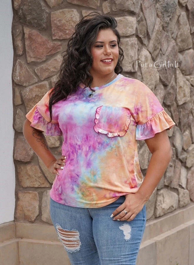 New PLUS SIZE Womens MULTI TIE DYE DYED RUFFLE POCKET TUNIC SHIRT TOP 1X 2X 3X