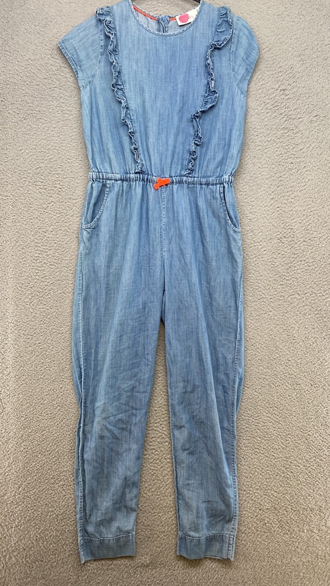 Boden Jumpsuit Girls 13-14Y Chambray Light Wash Ruffles Tapered Pockets  Cotton
