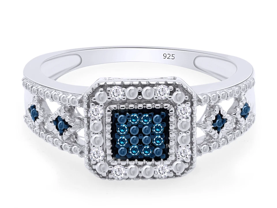 Anillo de compromiso redondo de diamantes reales azules y blancos de plata de ley 925 Foto 4 de 4