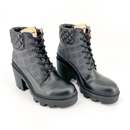 Gucci Apollo GG Monogram Combat Boots EU 38 US 8 Black Leather Canvas Samoa Trip