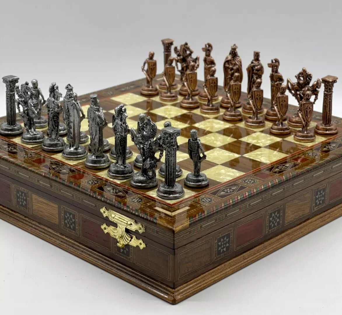 British Metal Chess Pieces With Ceramic Chess Board On Handmade Wood, Chess  Set