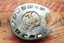 Vtg Bar J Hand Made Cowboy Saddle Bronc Rider Inlay Rodeo Western Belt Buckle