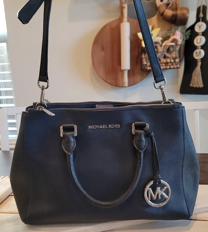 Michael Kors Kellen Saffiano Leather Satchel Handbag Shoulder Bag Black Navy - Image 4 of 4