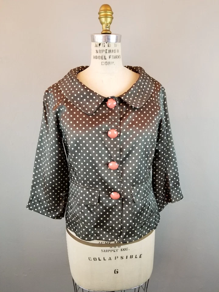 Cynthia Steffe 1950's Style Olive Green Polka Dot Jacket Jeweled Buttons Size 6 - Image 2 of 4