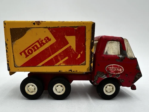 Vintage Tonka 1970s Mini Delivery Box Dump Pressed Metal Truck 5” Red & Yellow
