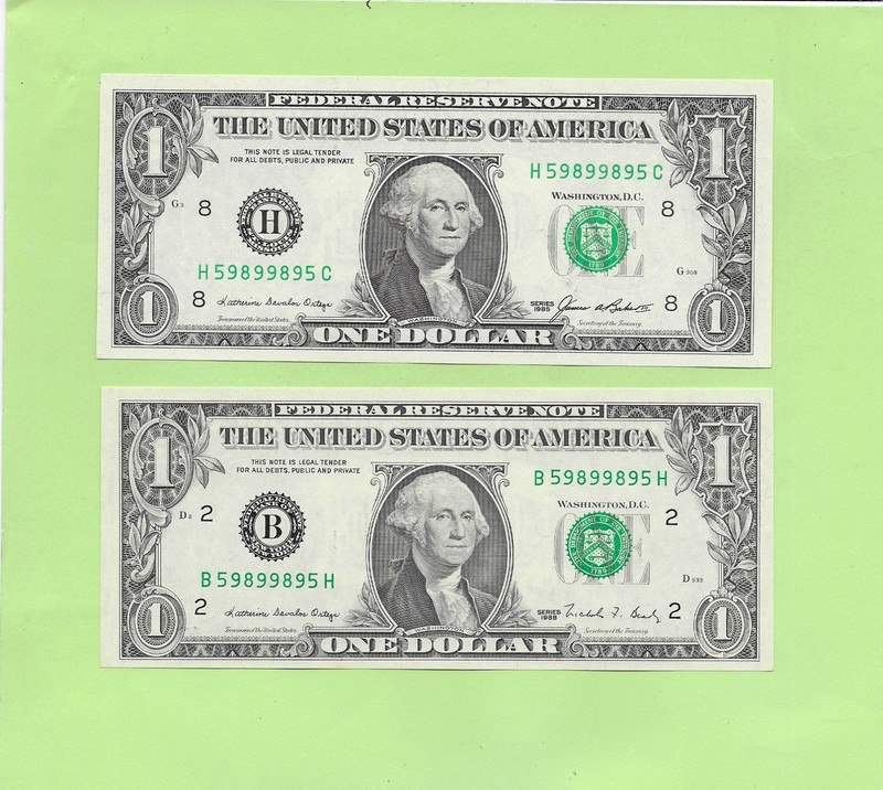 '5989 9895' .. MATCHING (2) .... UNCIRC $1  RADAR NOTES     1985 & 1988