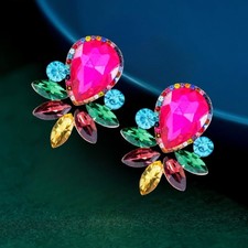 Rose Pink/Blue Crystal Rhinestone Teardrop Leaf Stud Earrings
