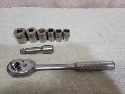VINTAGE WIZARD 3/8'' DRIVE RATCHET H2606 + 6 SOCKETS & EXTENSION