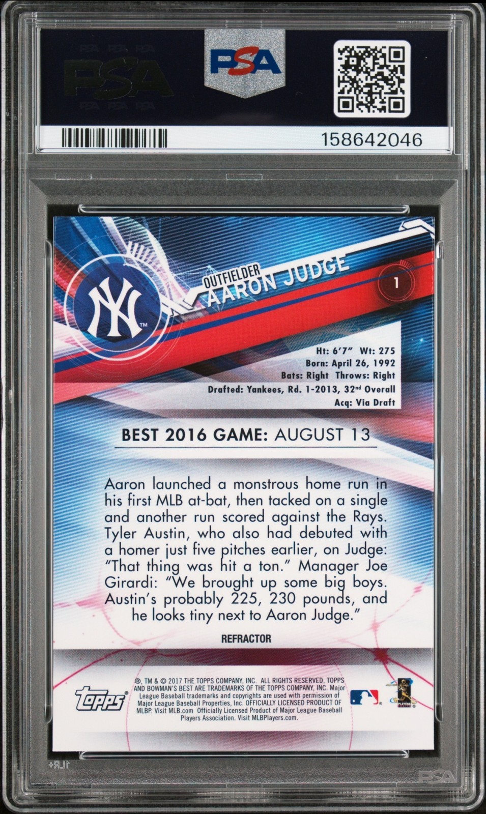 2017 Bowman's Best Aaron Judge #1 Refractor RC Yankees PSA 10 Rookie view 2